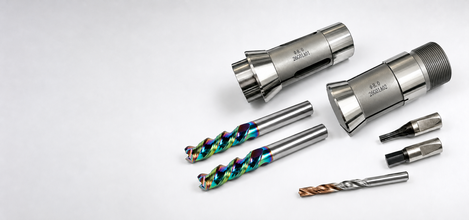 PRONIXT precision tooling including Swiss-type lathe collets, carbide end mills, drills and rotary broaching tools