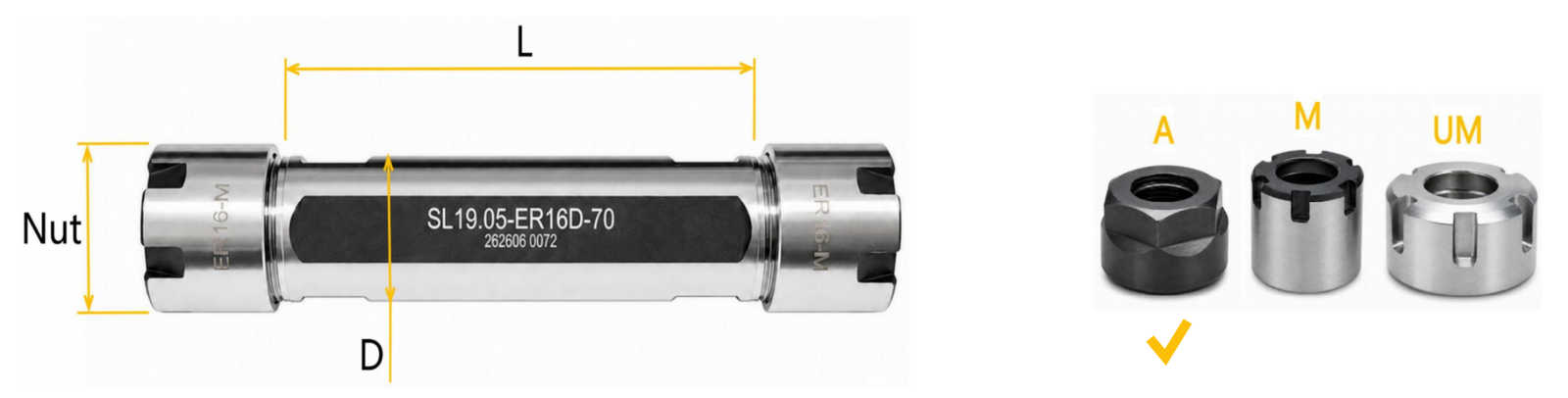 A-type double-ended straight shank ER collet extension holder dimensional drawing