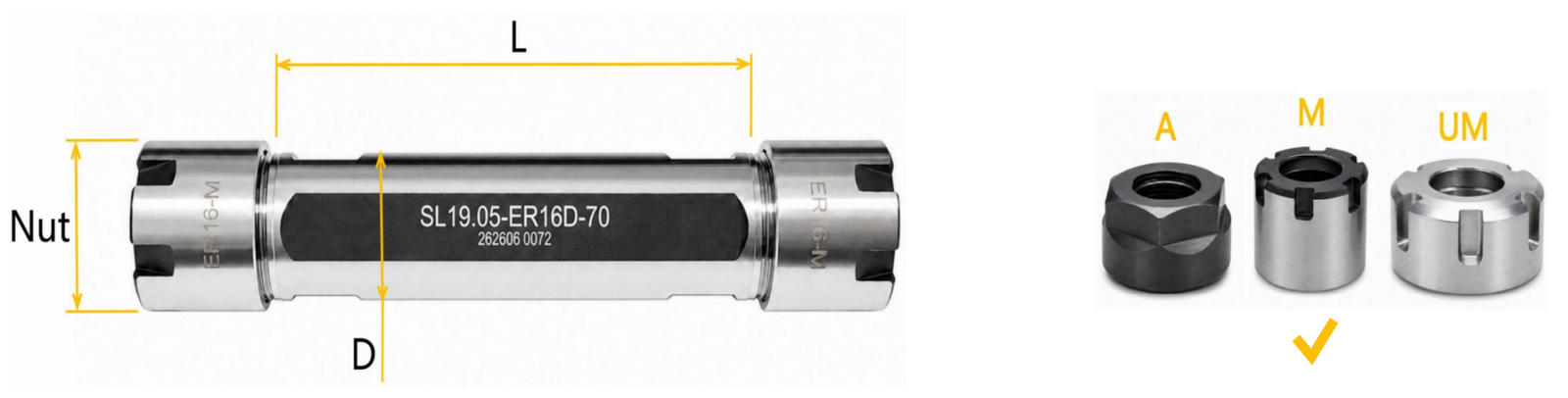 M-type double-ended straight shank ER collet extension holder dimensional drawing