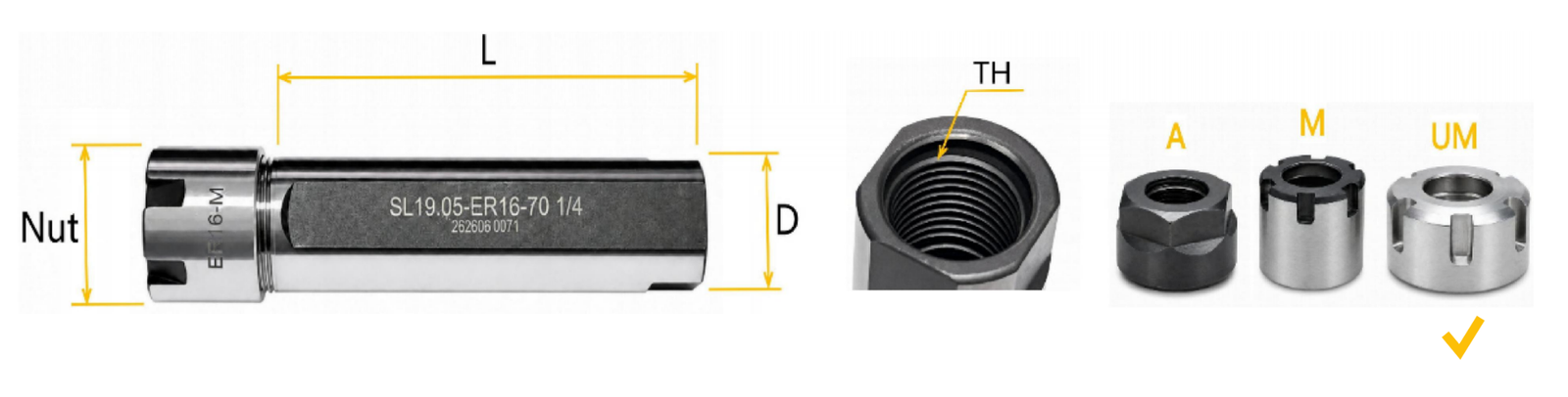 UM-type single-ended straight shank ER collet extension holder dimensional drawing